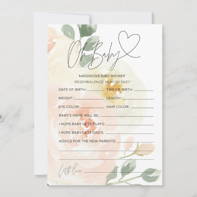 Floral Oh Baby Baby Shower Prediction Wish Cards (Front)