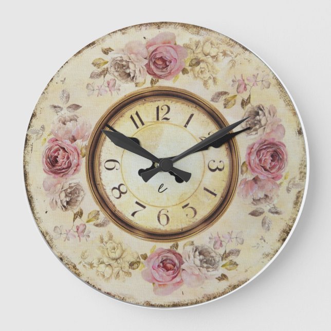 Floral Old Paper | Antique Style Red Roses Large Clock (Front)