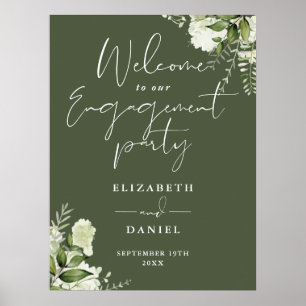 Floral Olive Green Engagement Party Welcome Sign