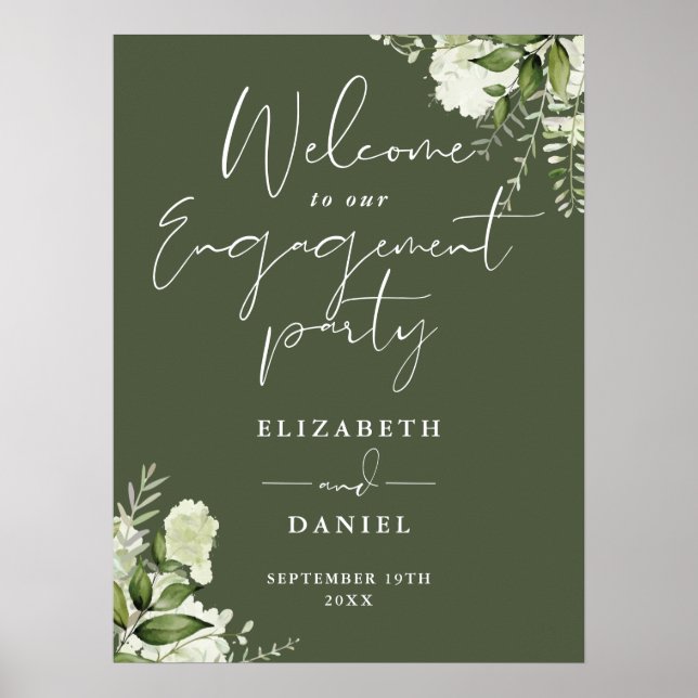 Floral Olive Green Engagement Party Welcome Sign (Front)