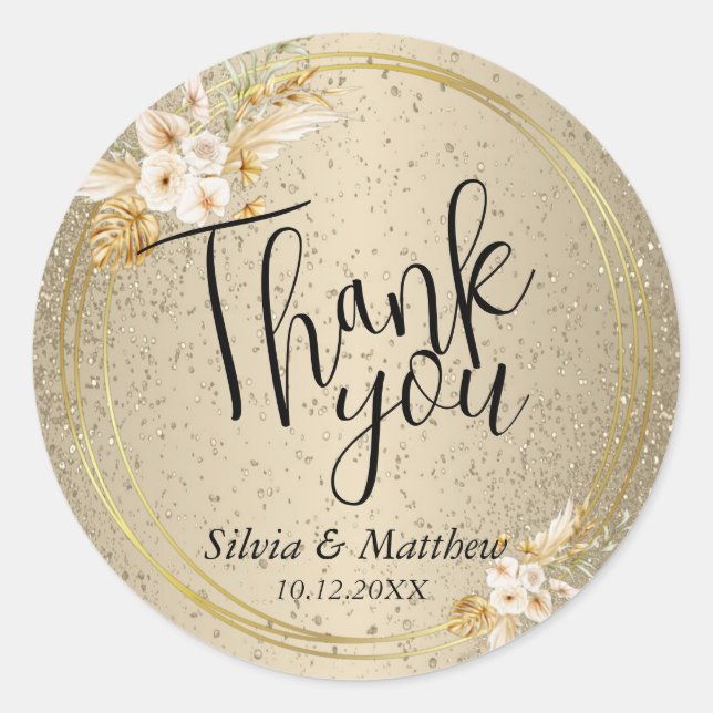 Floral On Gold Glitter - Thank You     Classic Round Sticker (Front)