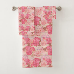 Floral On Wood Trendy Popular Elegant Vintage Bath Towel Set