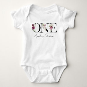 Floral ONE Baby Girl's 1st Birthday + Name Outfit Bodysuit