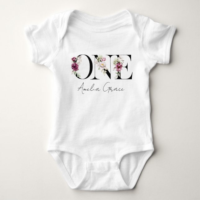 Floral ONE Baby Girl's 1st Birthday + Name Outfit Bodysuit (Front)