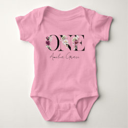 Floral ONE Baby Girl's 1st Birthday + Name Outfit Bodysuit