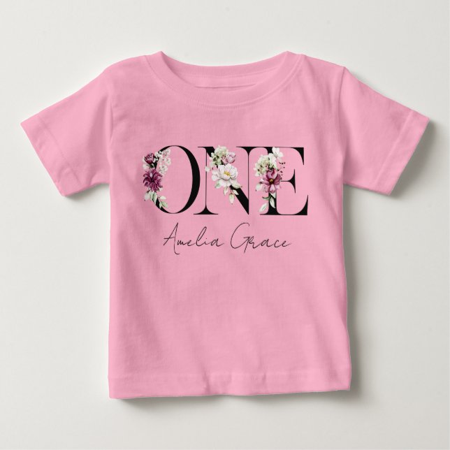 Floral ONE Baby Girl's 1st Birthday + Name Outfit T-Shirt (Front)