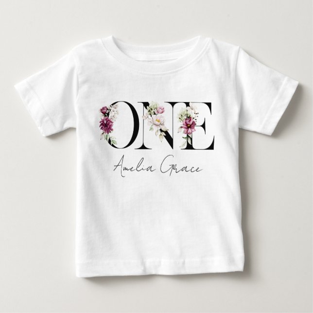 Floral ONE Baby Girl's 1st Birthday + Name Outfit T-Shirt (Front)