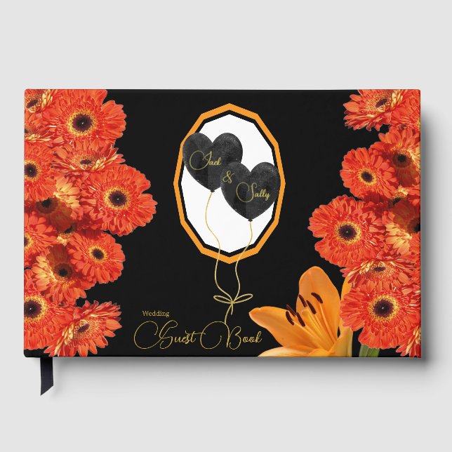 Floral Orange and Black Wedding Guest Book (Front)