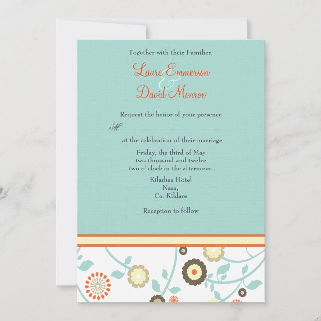 Floral orange and blue Wedding invitation (Front)
