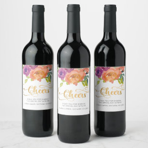 Floral Orange and Purple Cheers Bridal Wine label
