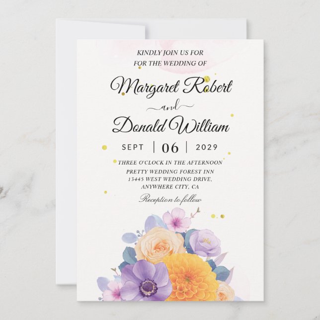 Floral orange and purple wedding invitations (Front)