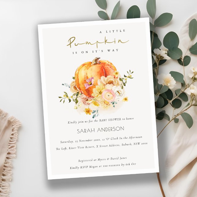 Floral Orange Autumn Pumpkin Baby Shower Invite (Creator Uploaded)