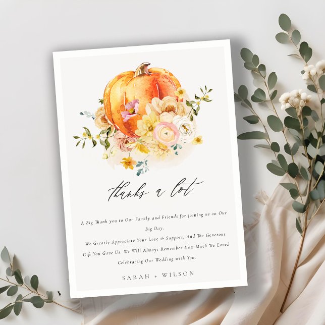 Floral Orange Autumn Pumpkin Floral Wedding  Thank You Card (Creator Uploaded)