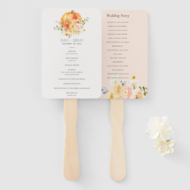 Floral Orange Autumn Pumpkin Wedding Program Hand Fan (Front and Back)