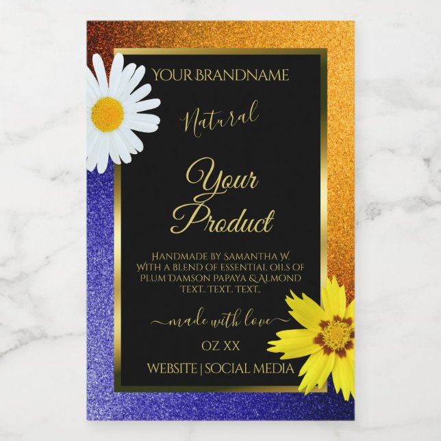 Floral Orange Blue Glitter Black Product Labels (Single Label)