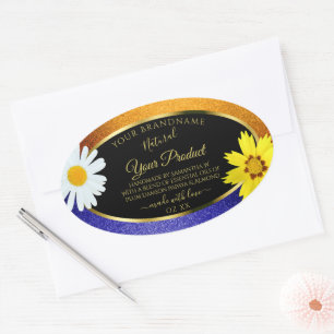 Floral Orange Blue Glitter Black Product Labels