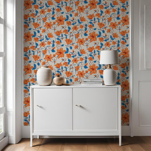 Floral Orange Blue Lily Botanical Pattern   Wallpaper