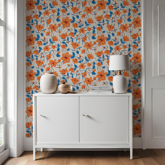 Floral Orange Blue Lily Botanical Pattern   Wallpaper