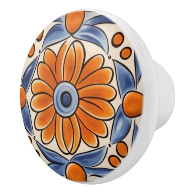 Floral Orange & Blue Mediterranean Flower Ceramic Knob (Right)