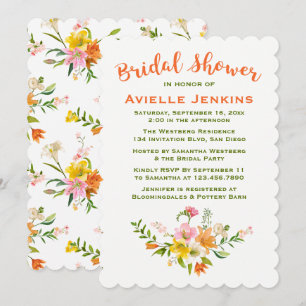 Floral Orange Bridal Shower Lily Flower Green Pink Invitation