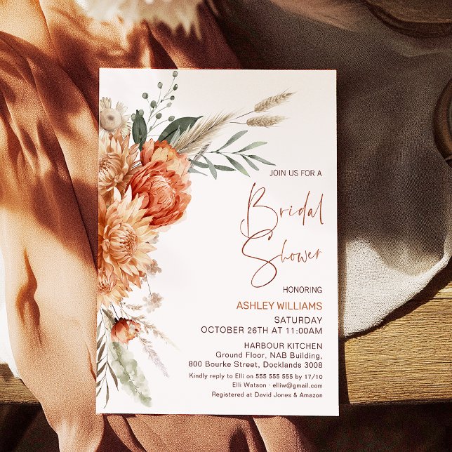 Floral Orange Brown Fall in Love Bridal Shower Invitation (Fall in Love Bridal Shower Invitation Autumn, Fall Bridal Shower Invitation Orange Brown Floral)
