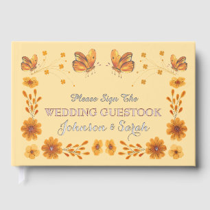 Floral Orange Butterfly Watercolor Wedding  Guest Book