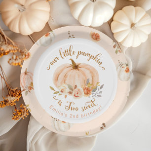 Floral orange Fall little pumpkin 2nd birthday Paper Plate