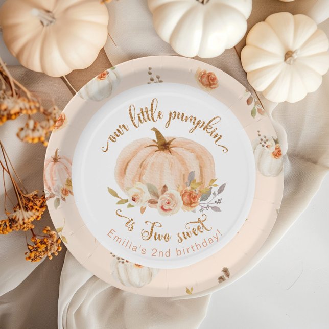 Floral orange Fall little pumpkin 2nd birthday Paper Plate (Creator Uploaded)