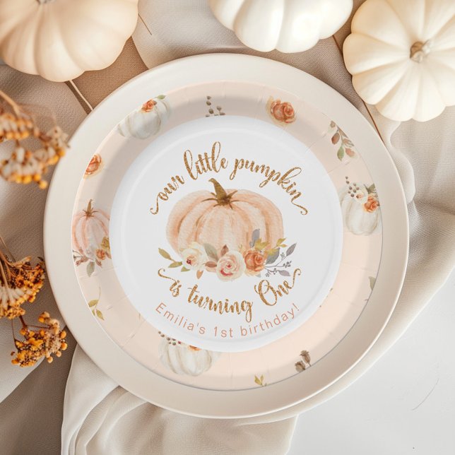 Floral orange Fall little pumpkin birthday Paper Plate (Creator Uploaded)