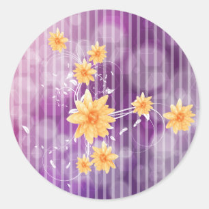Floral Orange Flowers With Purple Stripes Classic Round Sticker