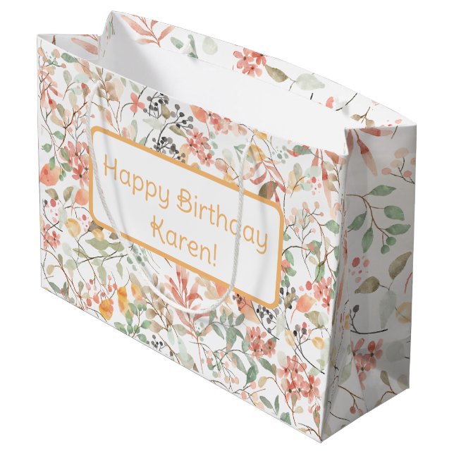 Floral Orange Green &Pink Custom Happy Birthday  Large Gift Bag (Back Angled)