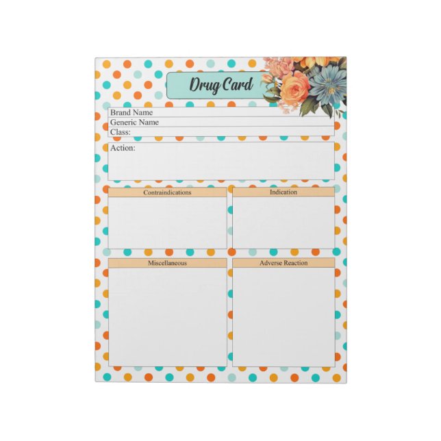Floral Orange n Blue Polka Dots _Drug Card Notepad (Rotated)