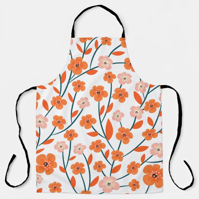 Floral Orange Pastel White Seamless Apron (Front)
