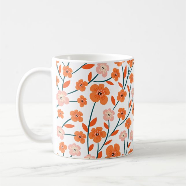 Floral Orange Pastel White Seamless Coffee Mug (Left)
