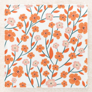 Floral Orange Pastel White Seamless Glass Coaster
