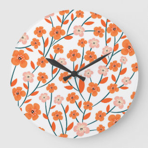 Floral Orange Pastel White Seamless Large Clock