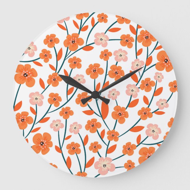 Floral Orange Pastel White Seamless Large Clock (Front)