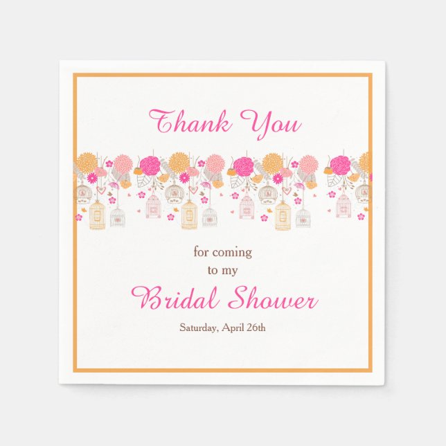 Floral Orange & Pink Bird Cages Bridal Shower Napkin (Front)