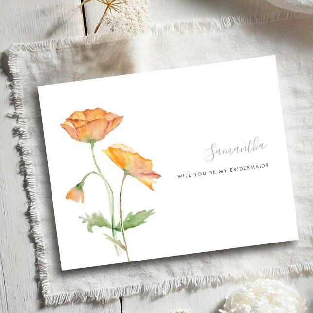 Floral Orange Poppies Watercolor Bridesmaid Cards (Bridesmaid proposal cards watercolor orange poppy flowers by Victoria Grigaliunas)