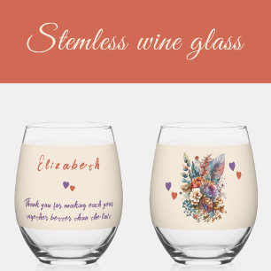 Floral orange purple wife anniversary gift stemless wine glass