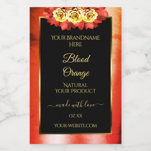 Floral Orange Red Marble Black Product Label Roses (Single Label)