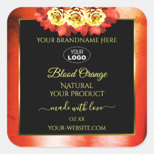 Floral Orange Red Marble Black Product Labels Logo