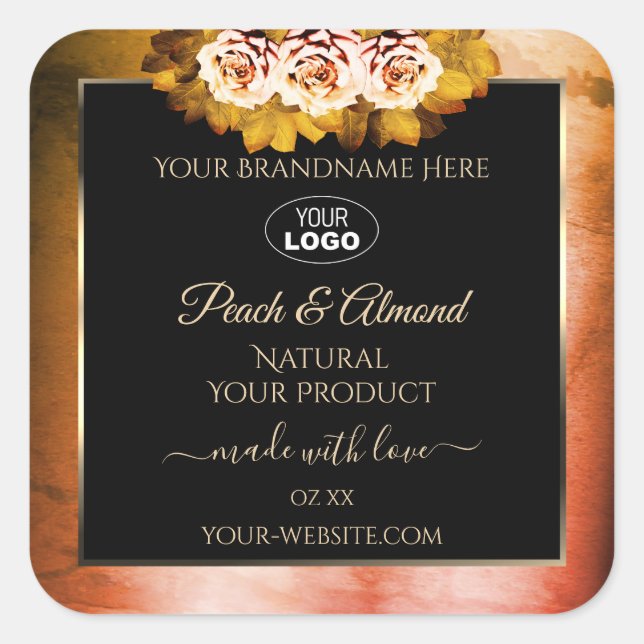 Floral Orange Red Marble Black Product Labels Logo (Front)
