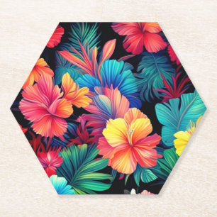 Floral Orange Tropical Flowers Leaves-66771 Paper Coaster