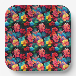 Floral Orange Tropical Flowers Leaves-66771 Paper Plate