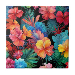 Floral Orange Tropical Flowers Leaves-66771 Tile