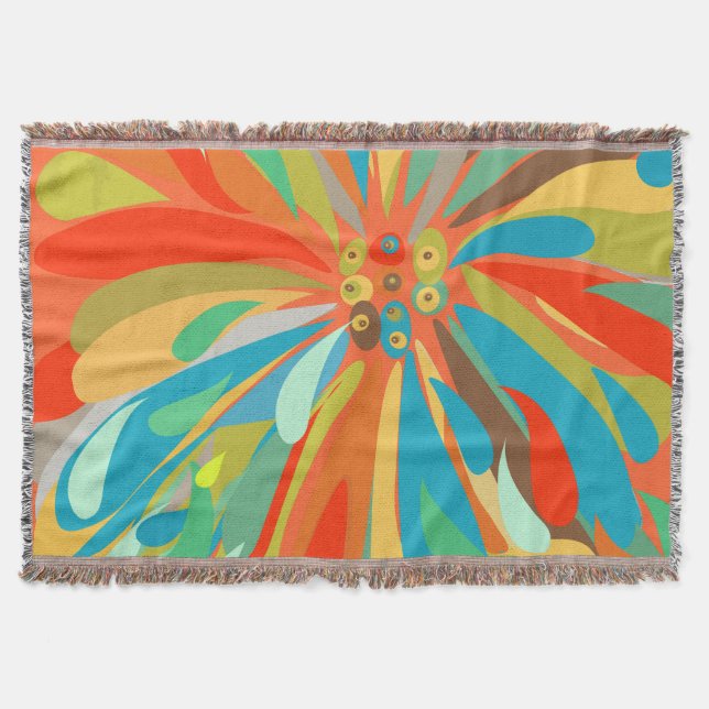 Floral Orange Turquoise and Blue Pattern Throw Blanket (Front)