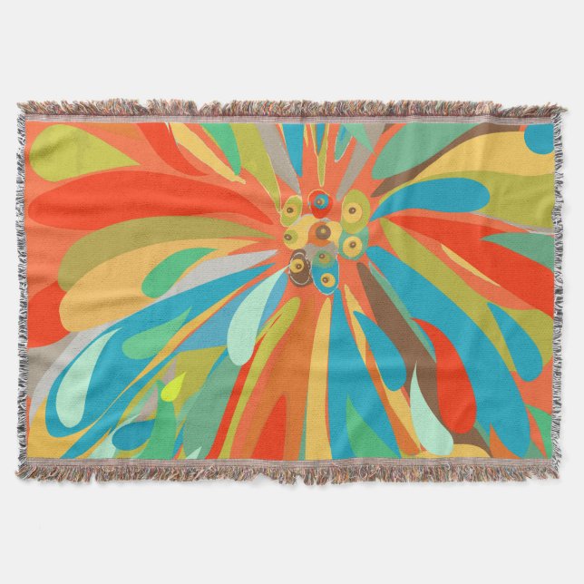 Floral Orange Turquoise and Blue Pattern Throw Blanket (Front)