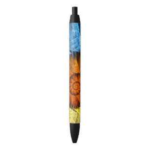 Floral Orange Yellow Blue Abstract Art Black Ink Pen