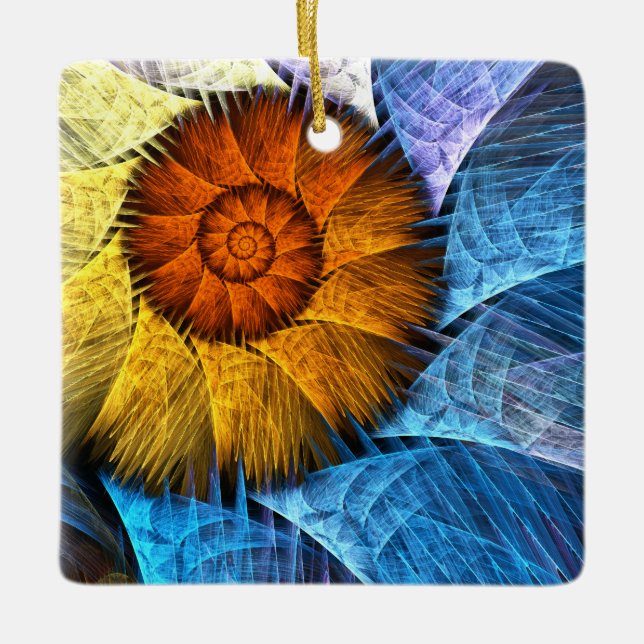 Floral Orange Yellow Blue Abstract Art Ceramic Ornament (Front)